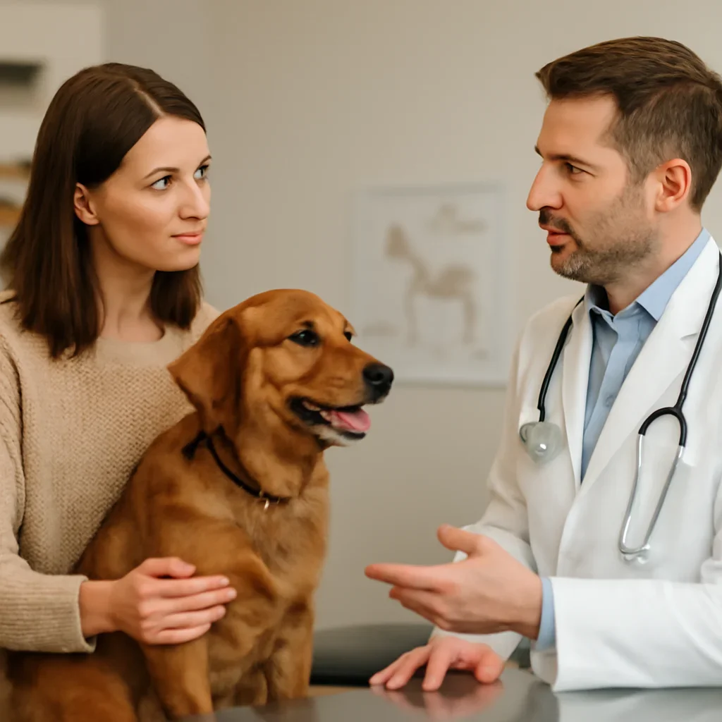 Canadian dog owner discussing insurance coverage and veterinary access with a veterinarian