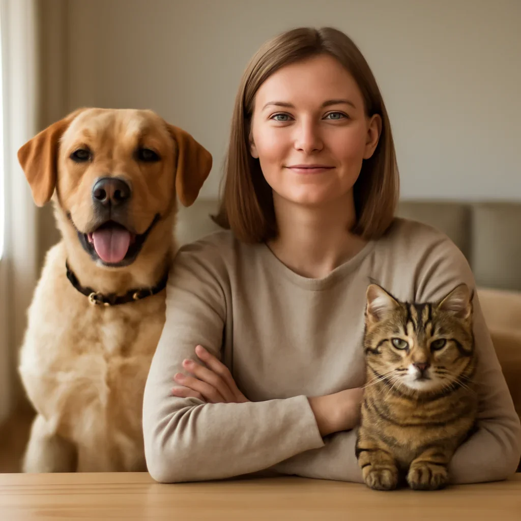 Alberta pet owner confidently reviewing pet insurance choices with a dog and cat
