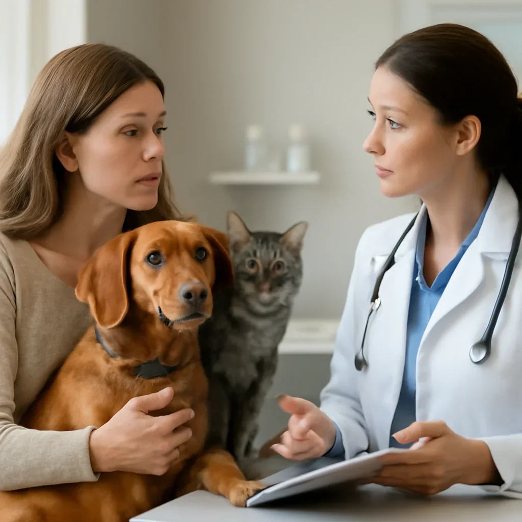 Alberta pet owner discussing insurance and veterinary costs with a veterinarian