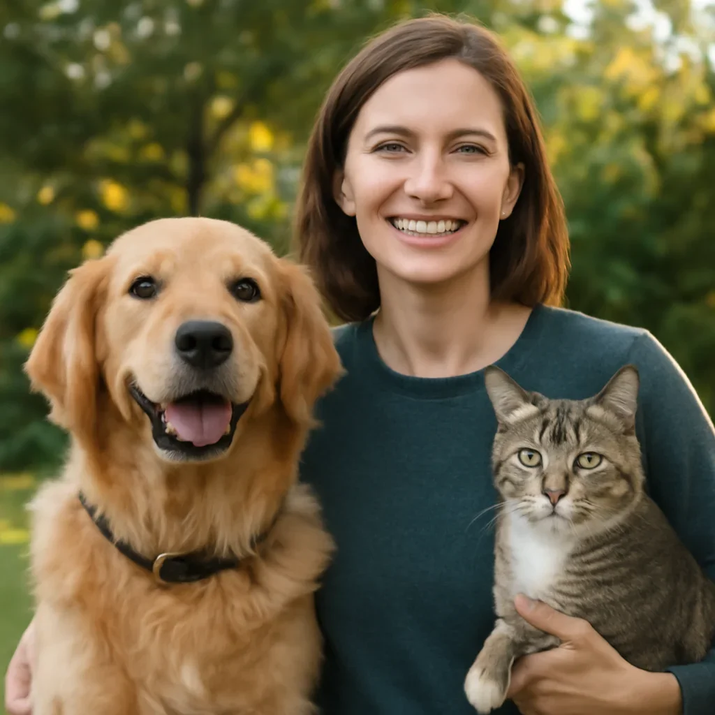 British Columbia pet owner confidently reviewing pet insurance choices with a dog and cat