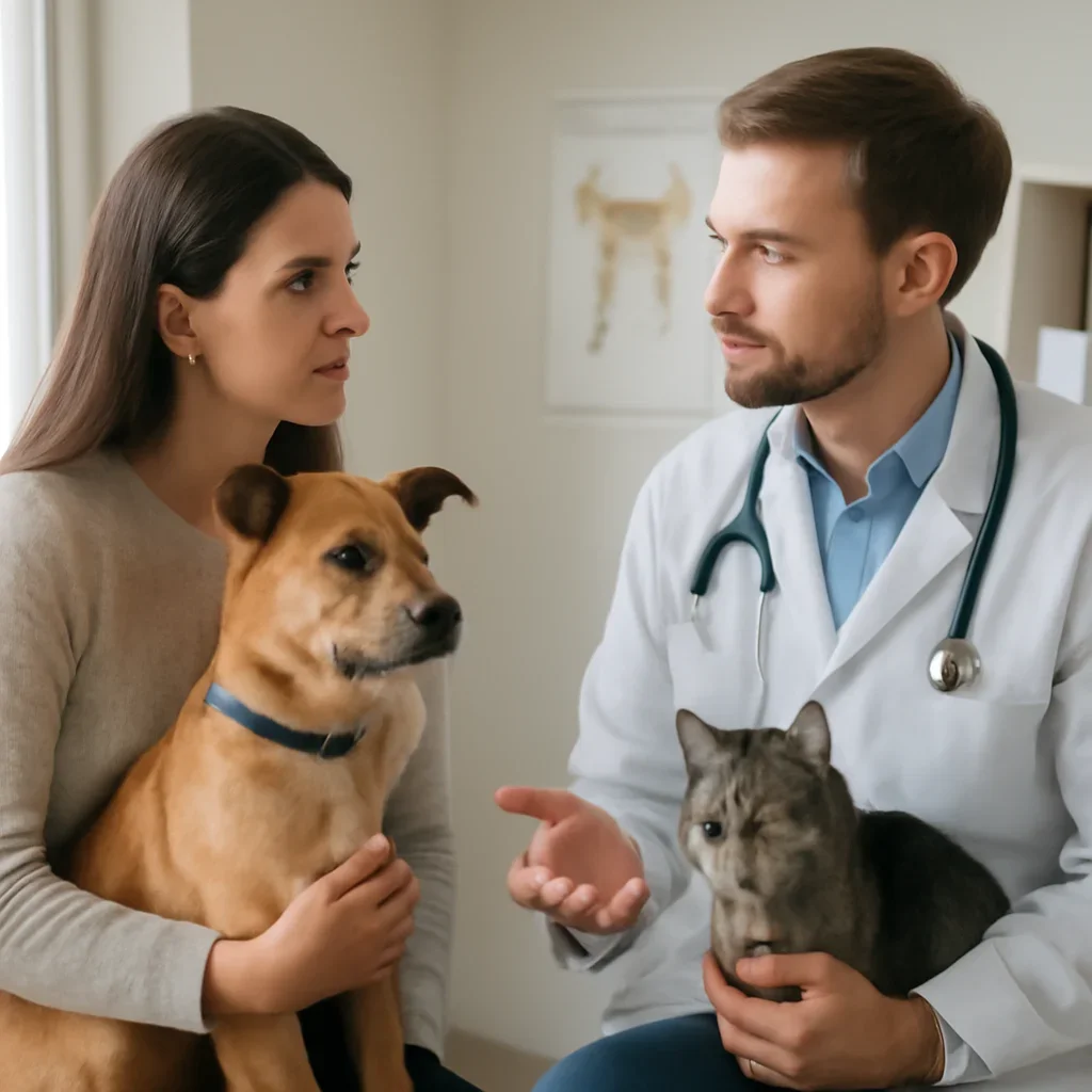 British Columbia pet owner discussing insurance and veterinary costs with a veterinarian