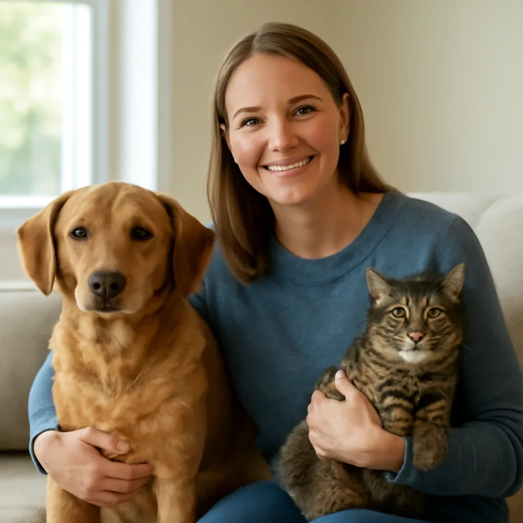 Ontario pet owner confidently reviewing pet insurance choices with a dog and cat