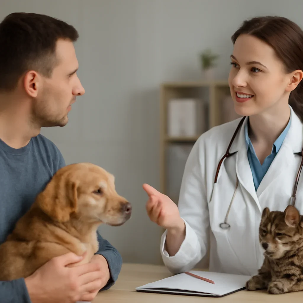 Ontario pet owner discussing insurance and veterinary costs with a veterinarian