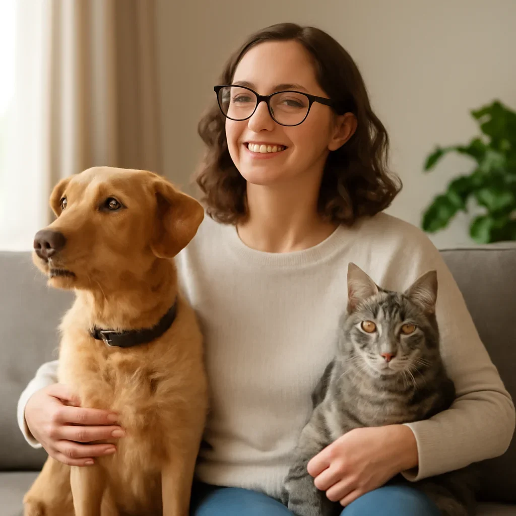 Quebec pet owner confidently reviewing pet insurance choices with a dog and cat