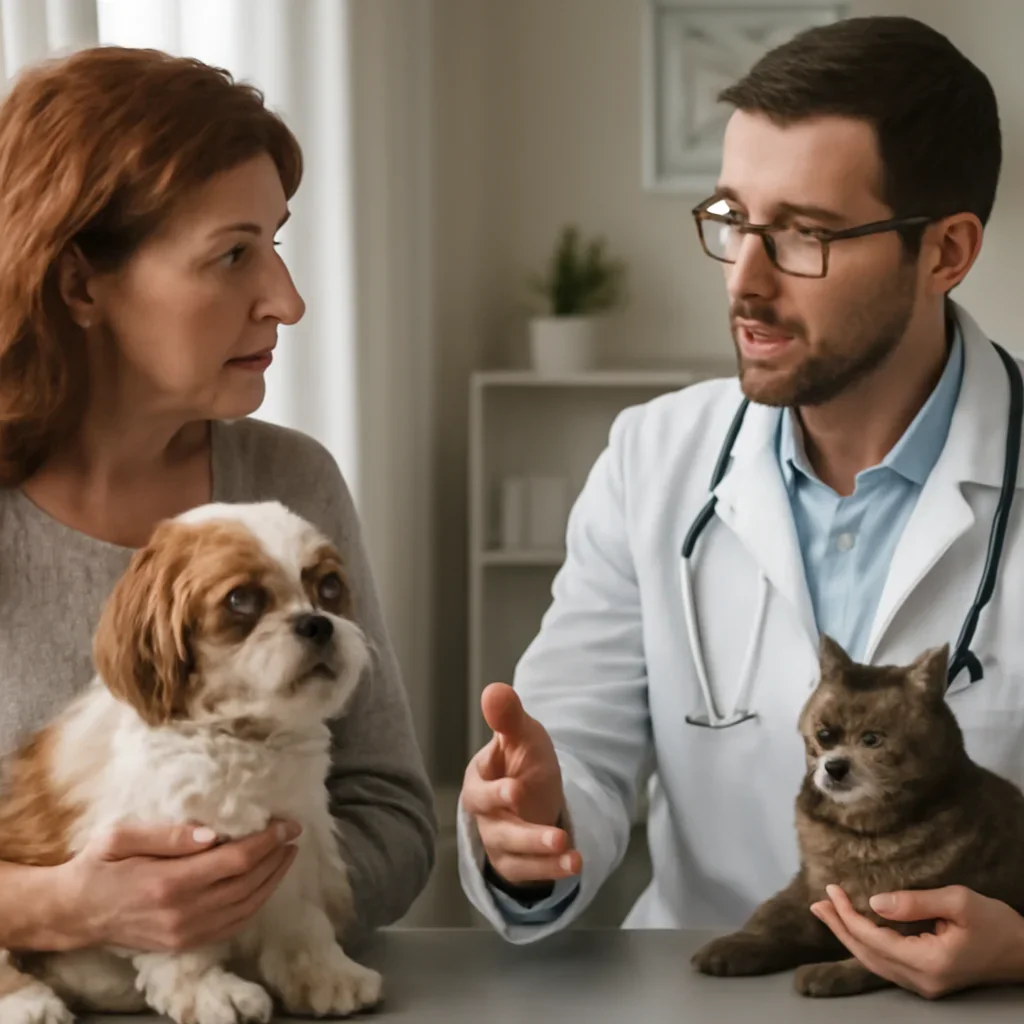 Quebec pet owner discussing insurance and veterinary costs with a veterinarian