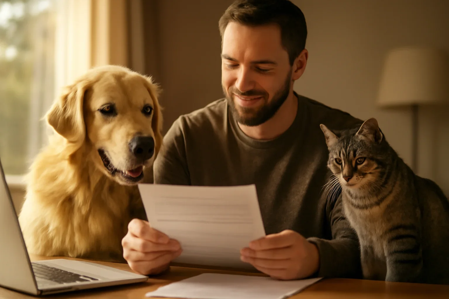 Quebec pet owner comparing insurance options for a dog and cat at home