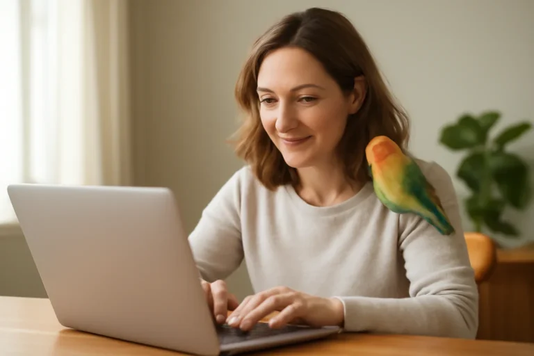 Bird owner with companion bird researching bird pet insurance in canada explained
