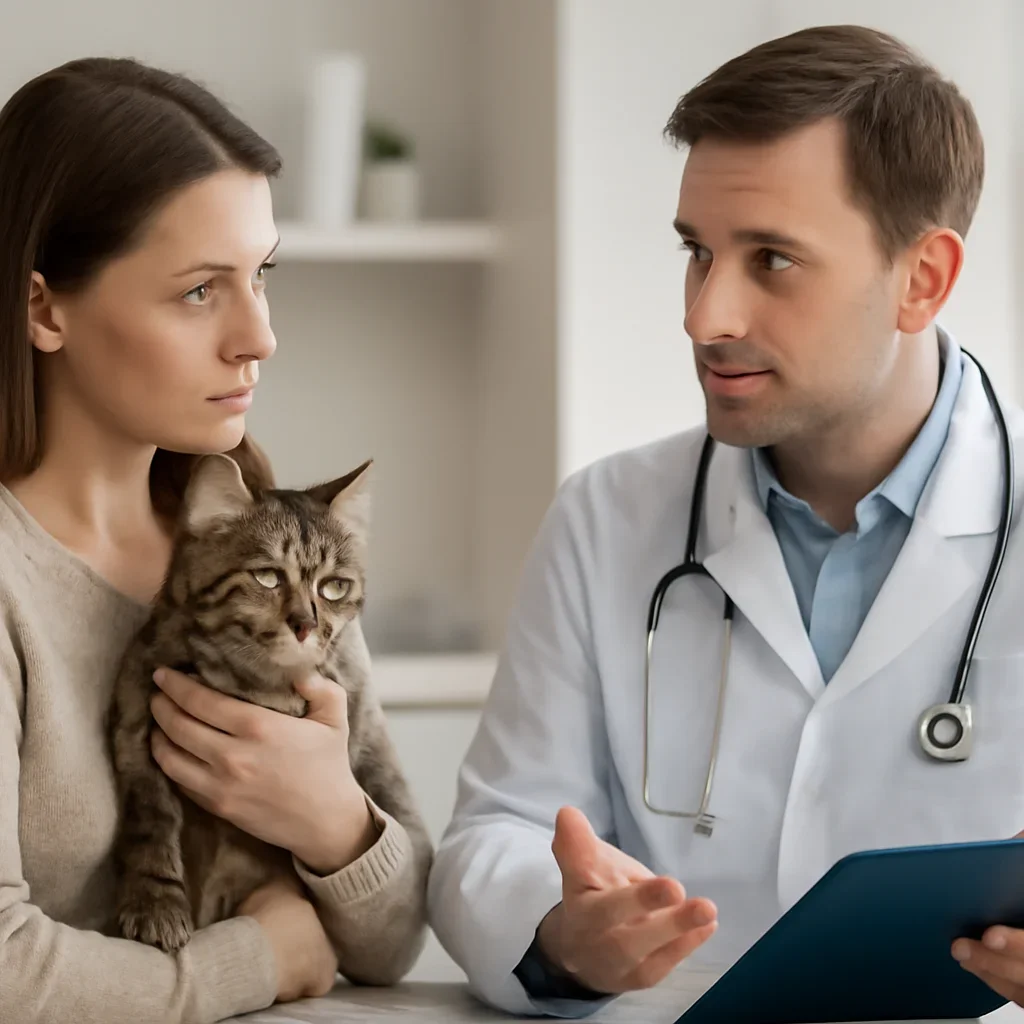 Canadian cat owner discussing insurance coverage and veterinary records with a veterinarian