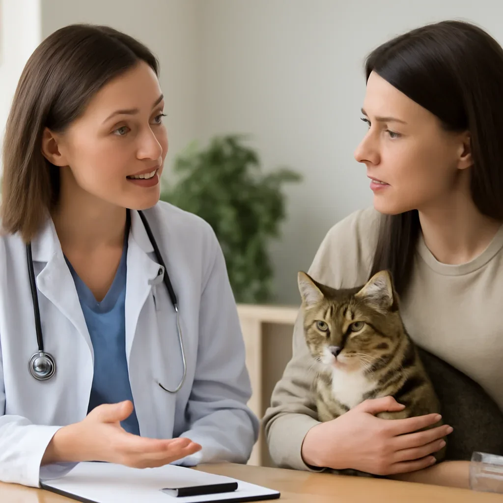 Cat owner discussing Canadian pet insurance costs and veterinary care with a veterinarian