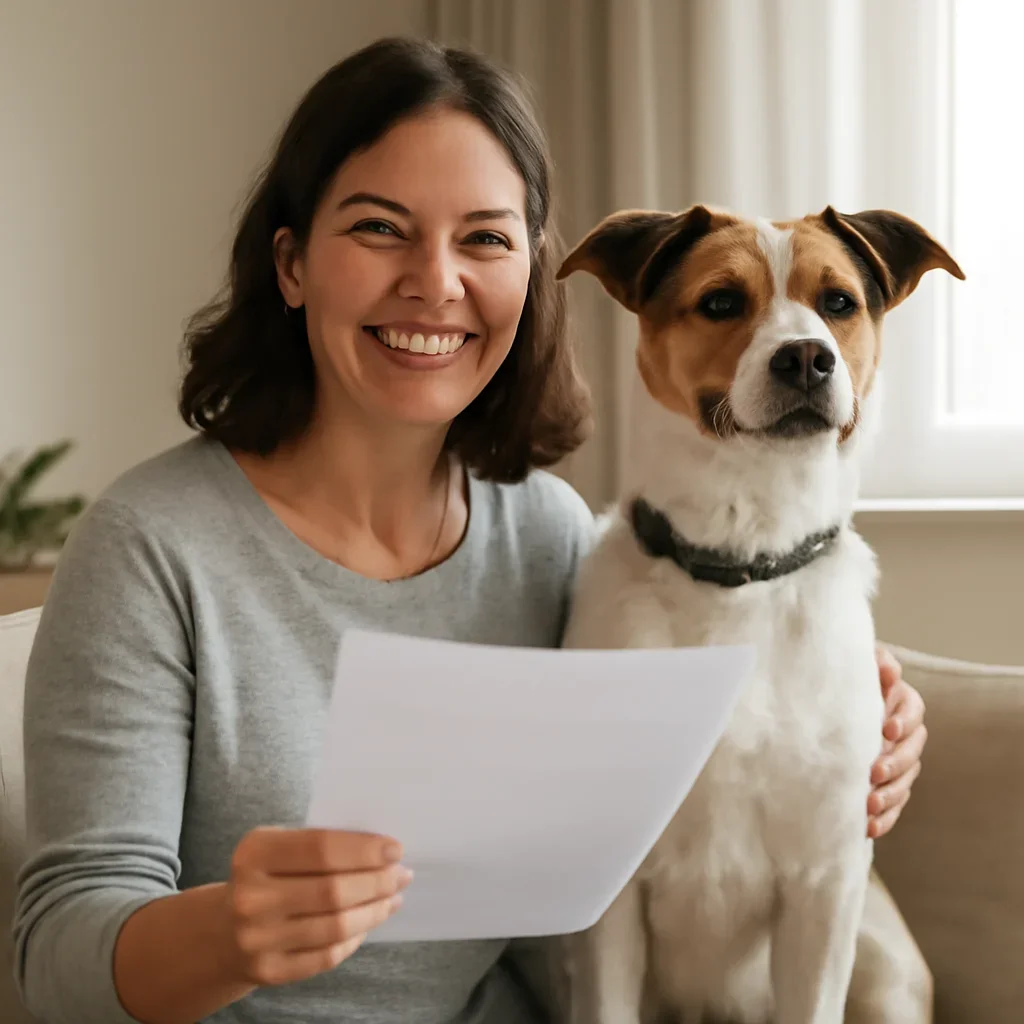 Pet owner with a pet after reviewing insurance and care-planning information