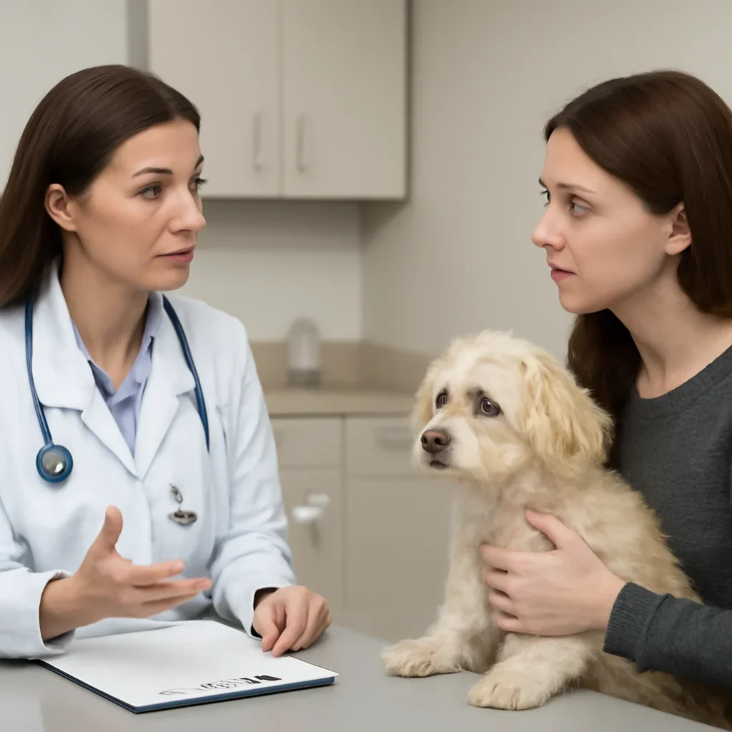 Pet owner discussing a treatment estimate and insurance documents with a veterinarian