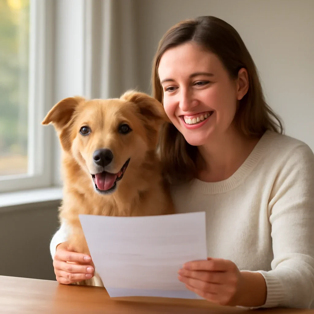 Pet owner with a pet after reviewing checkup coverage options