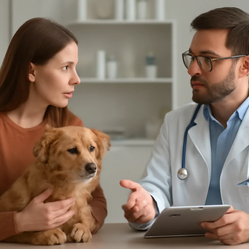 Pet owner discussing a checkup estimate with a veterinarian