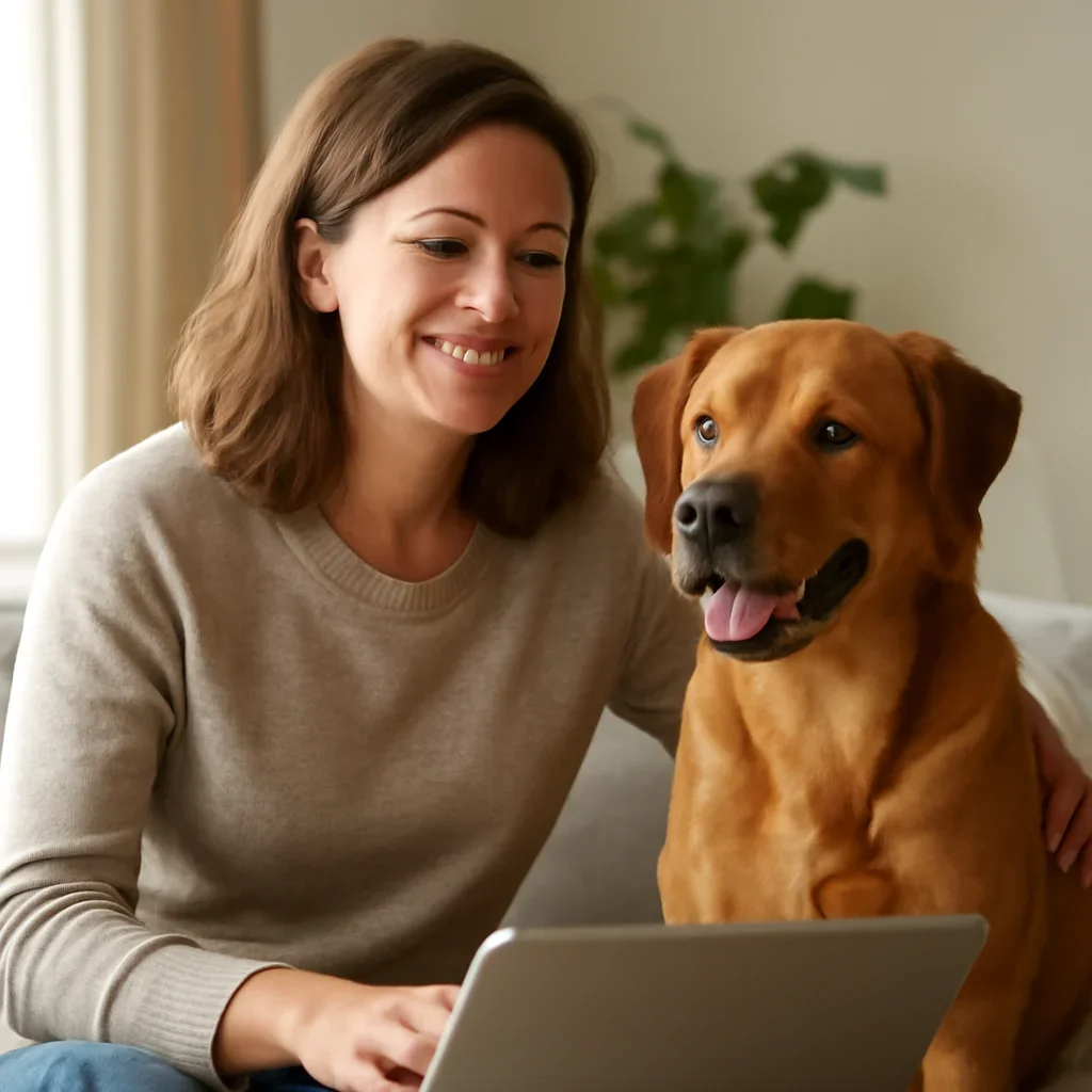 Pet owner with a pet after reviewing diet coverage information