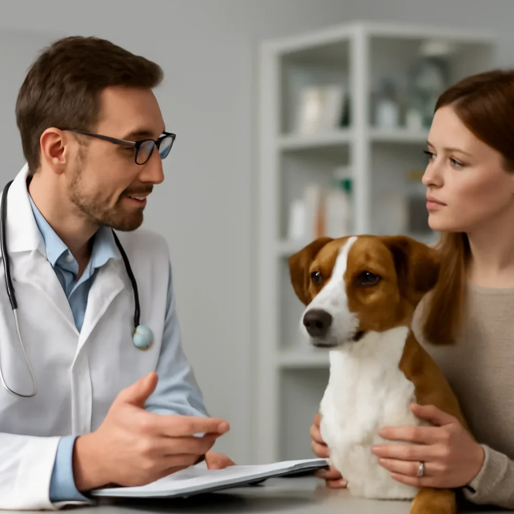 Pet owner discussing a veterinary diet and claim documentation with a veterinarian