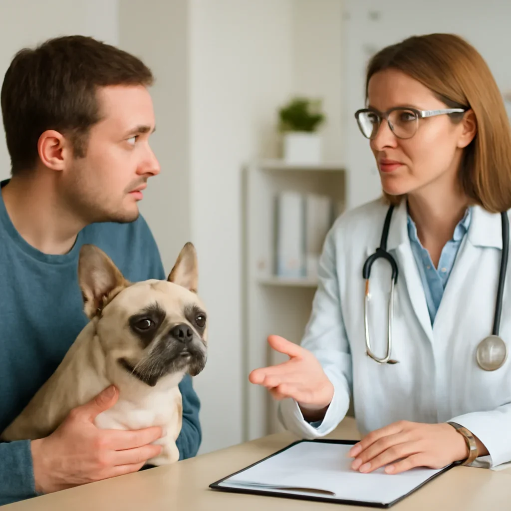 Pet owner discussing vaccination records and an itemized clinic estimate