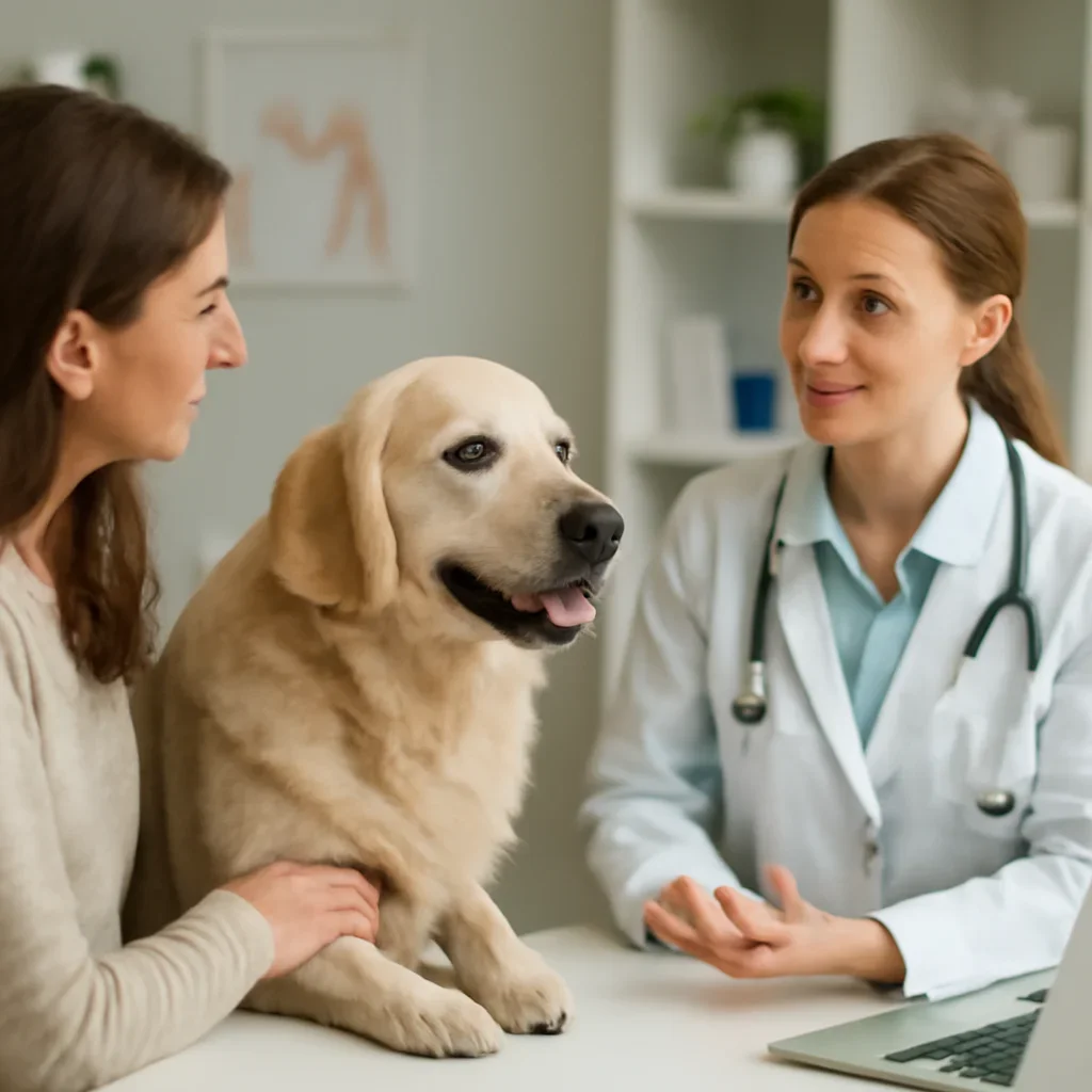 Canadian dog owner discussing insurance coverage and veterinary access with a veterinarian