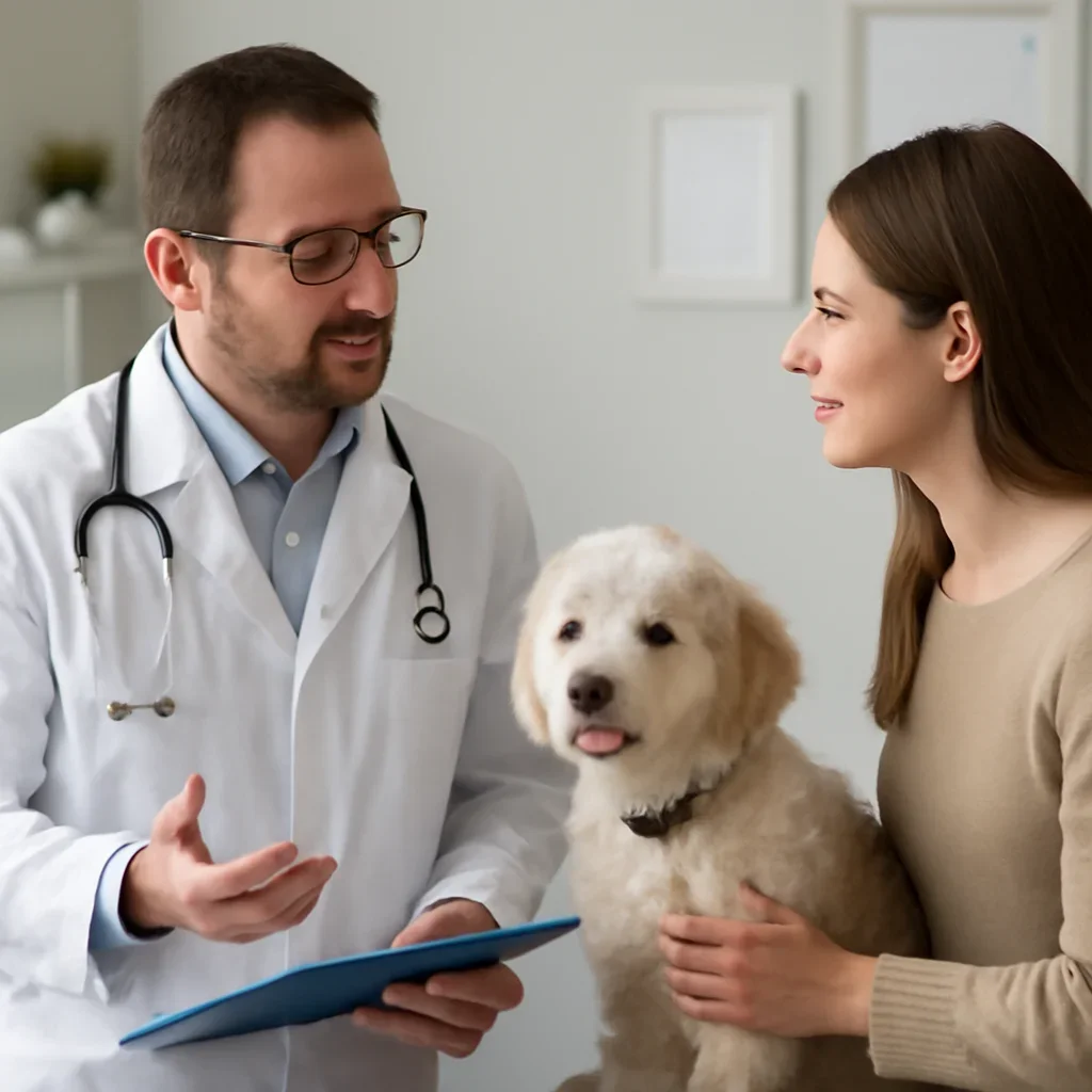 Dog owner discussing Canadian pet insurance costs and veterinary care with a veterinarian