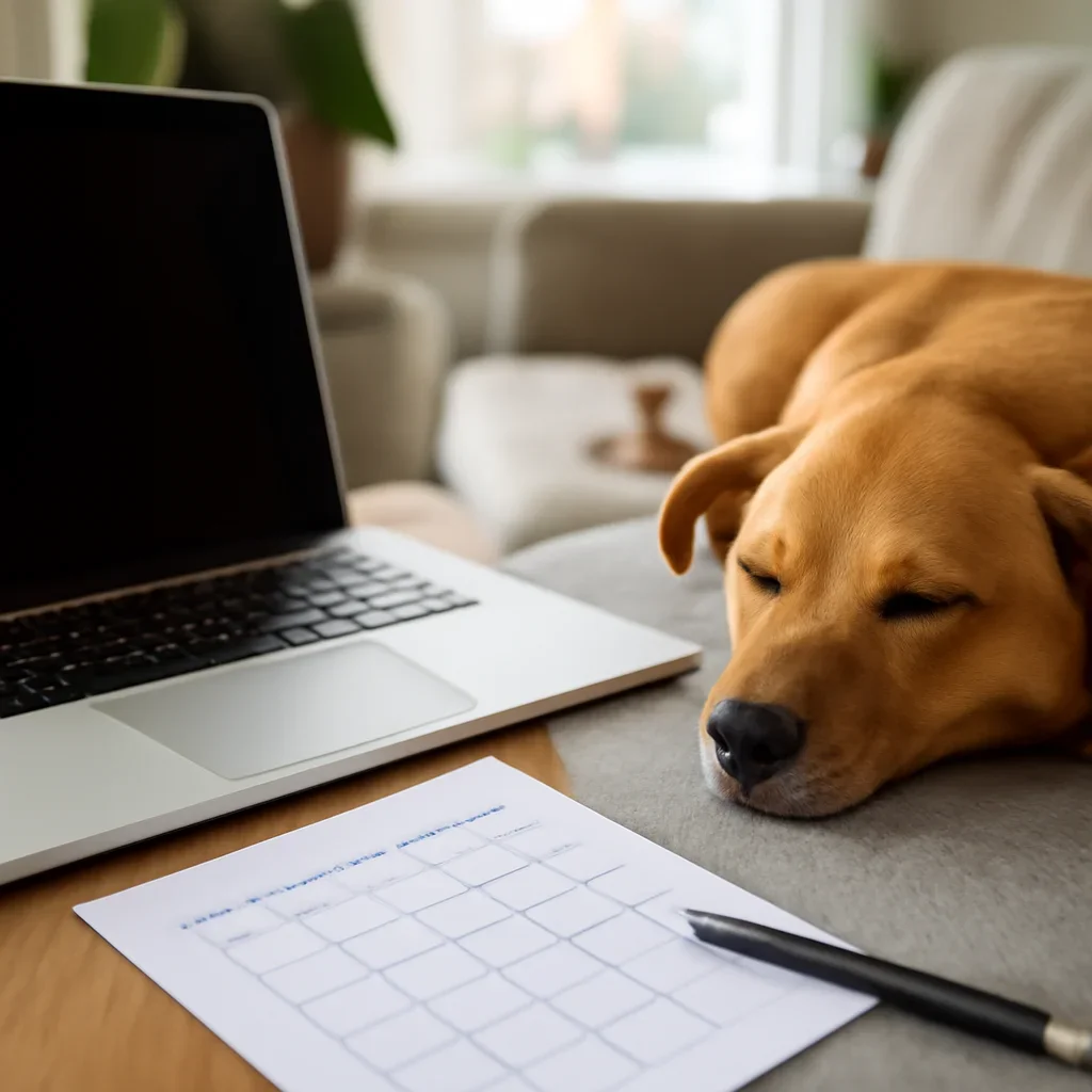 Open laptop with pet insurance comparison notes beside a sleeping dog
