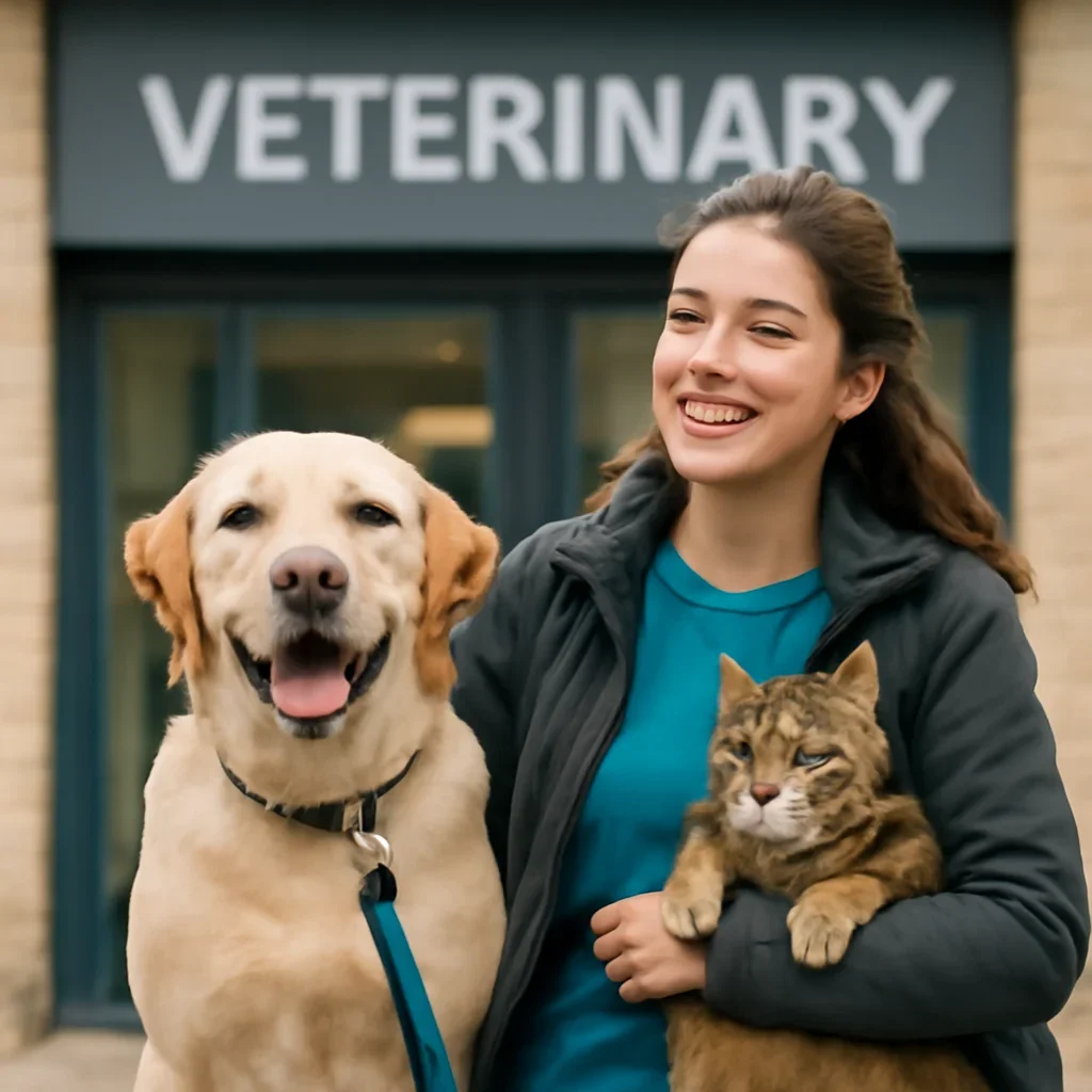 Happy dog and cat with their owner after a calm veterinary visit