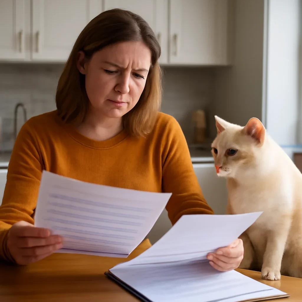 Pet owner reviewing coverage details while holding veterinary paperwork