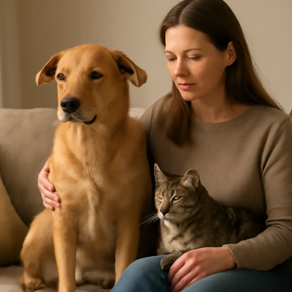 Dog and cat sitting together beside their owner during a quiet moment at home
