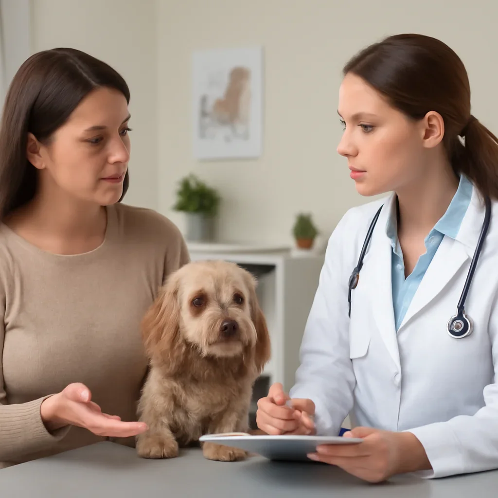 Canadian pet owner discussing emergency and specialist veterinary costs with a veterinarian