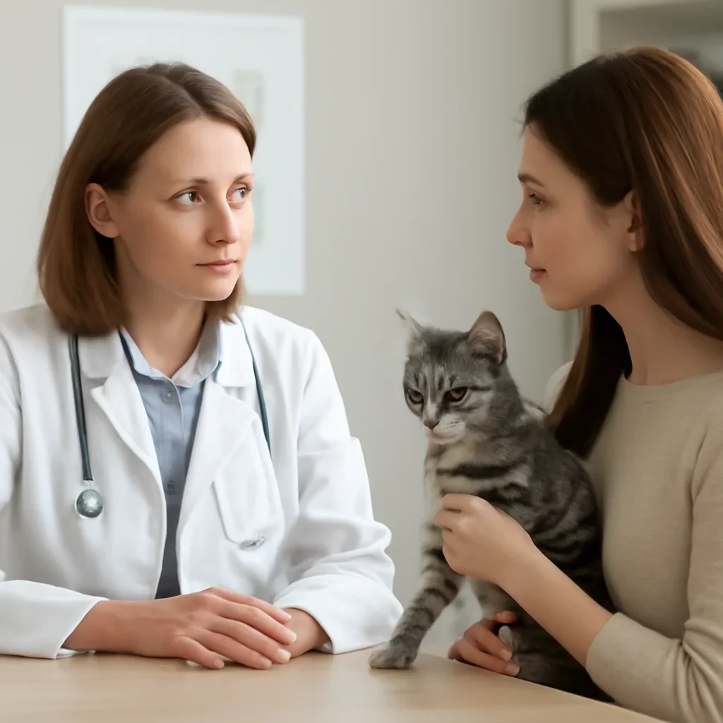 Canadian kitten owner discussing insurance and veterinary care with a veterinarian