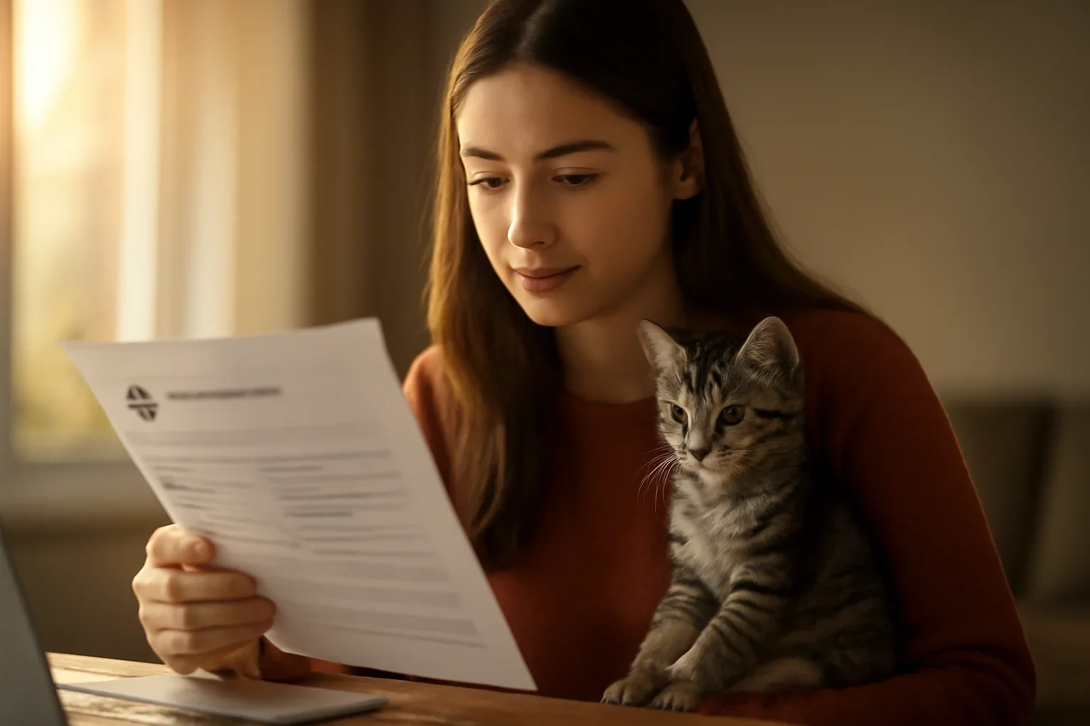 Canadian kitten owner comparing pet insurance options at home