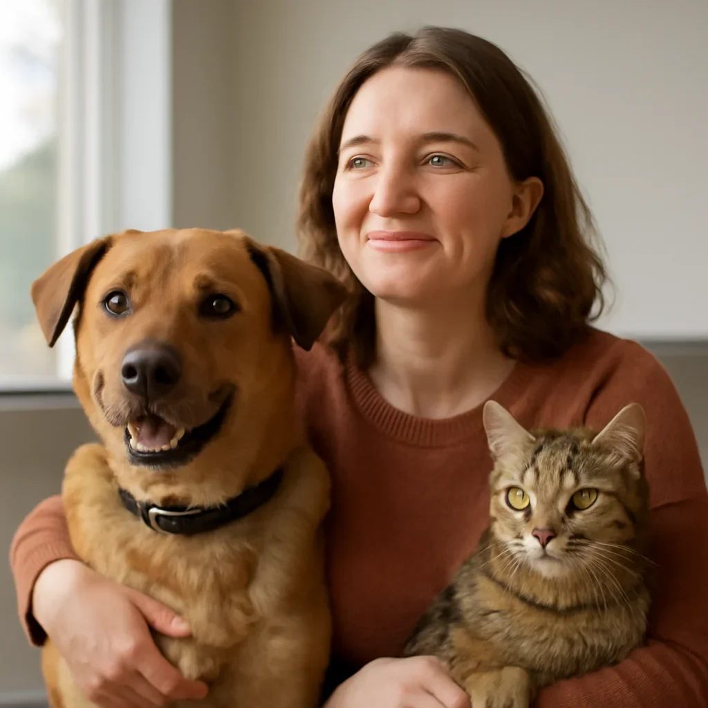 British Columbia pet owner confidently reviewing pet insurance choices with a dog and cat