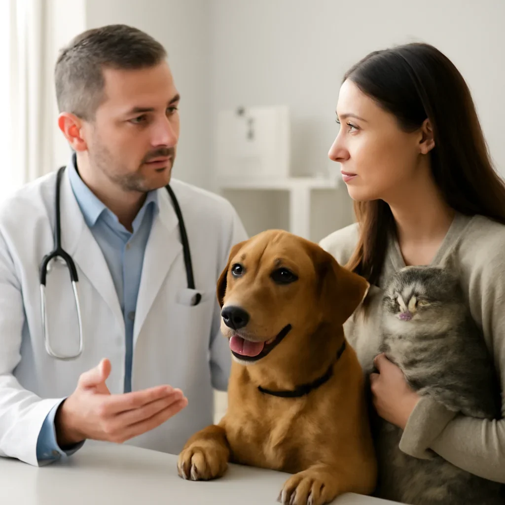 British Columbia pet owner discussing insurance and veterinary costs with a veterinarian