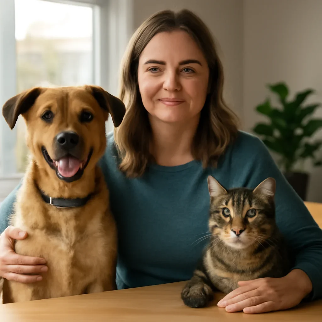 Edmonton pet owner confidently reviewing pet insurance choices with a dog and cat
