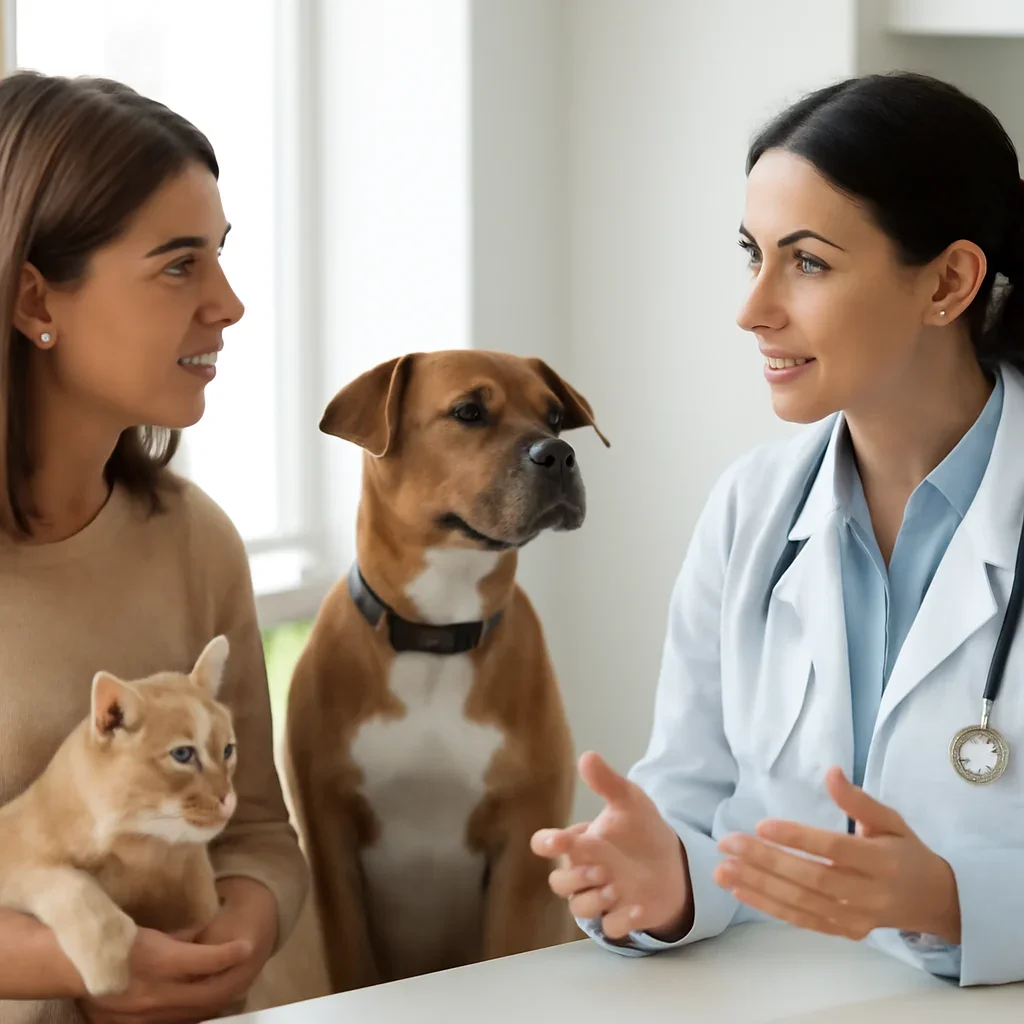 Edmonton pet owner discussing insurance and veterinary costs with a veterinarian
