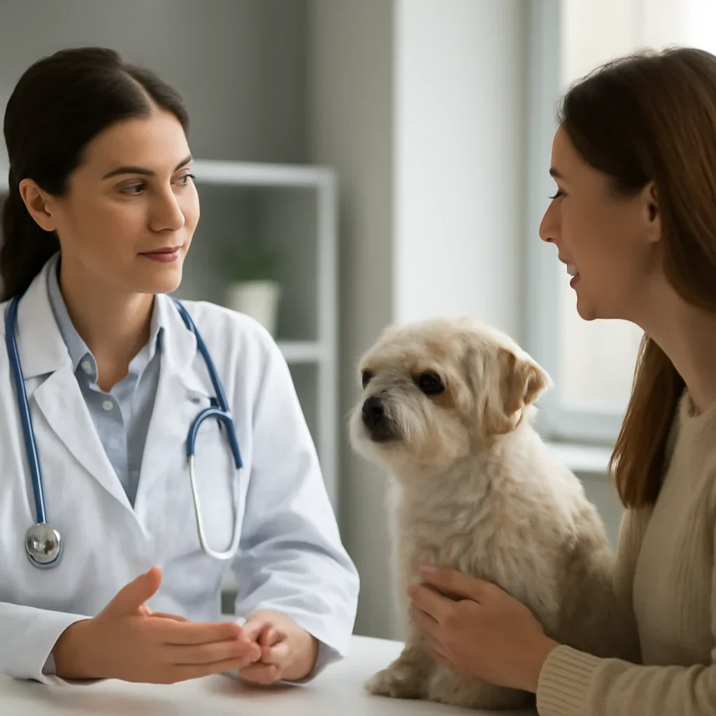 Pet owner asking a Canadian veterinarian about medical records for pet insurance
