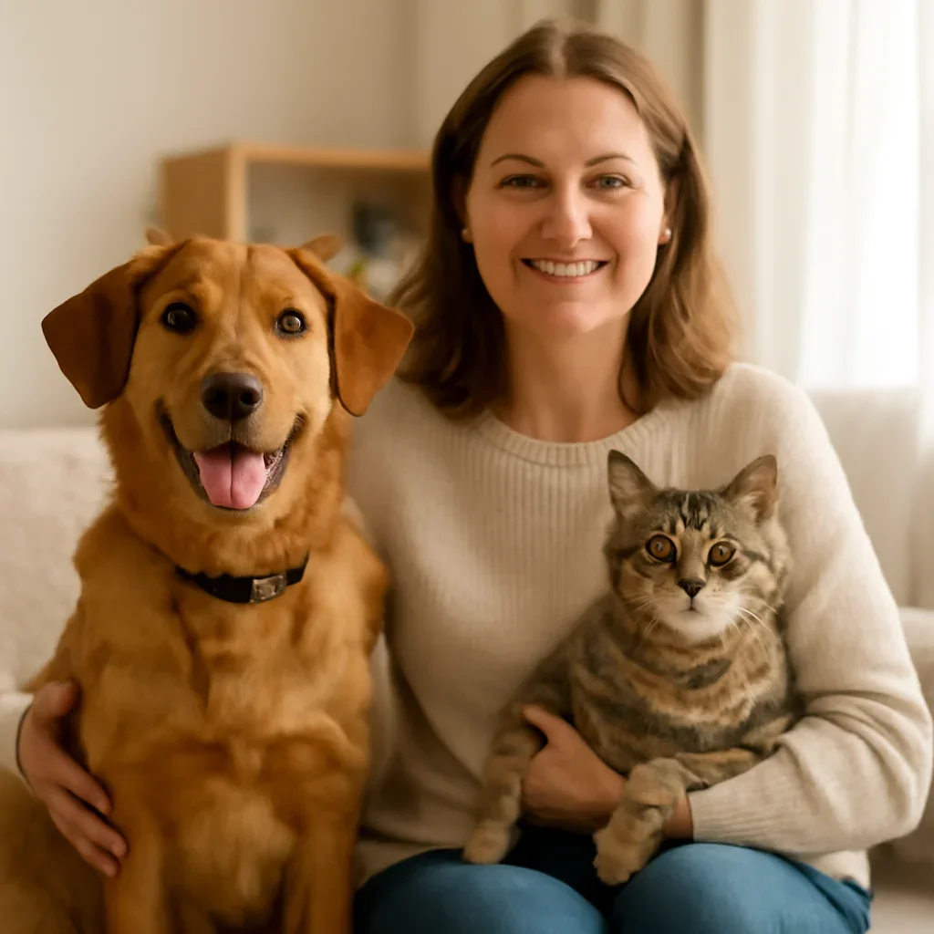 Manitoba pet owner confidently reviewing pet insurance choices with a dog and cat