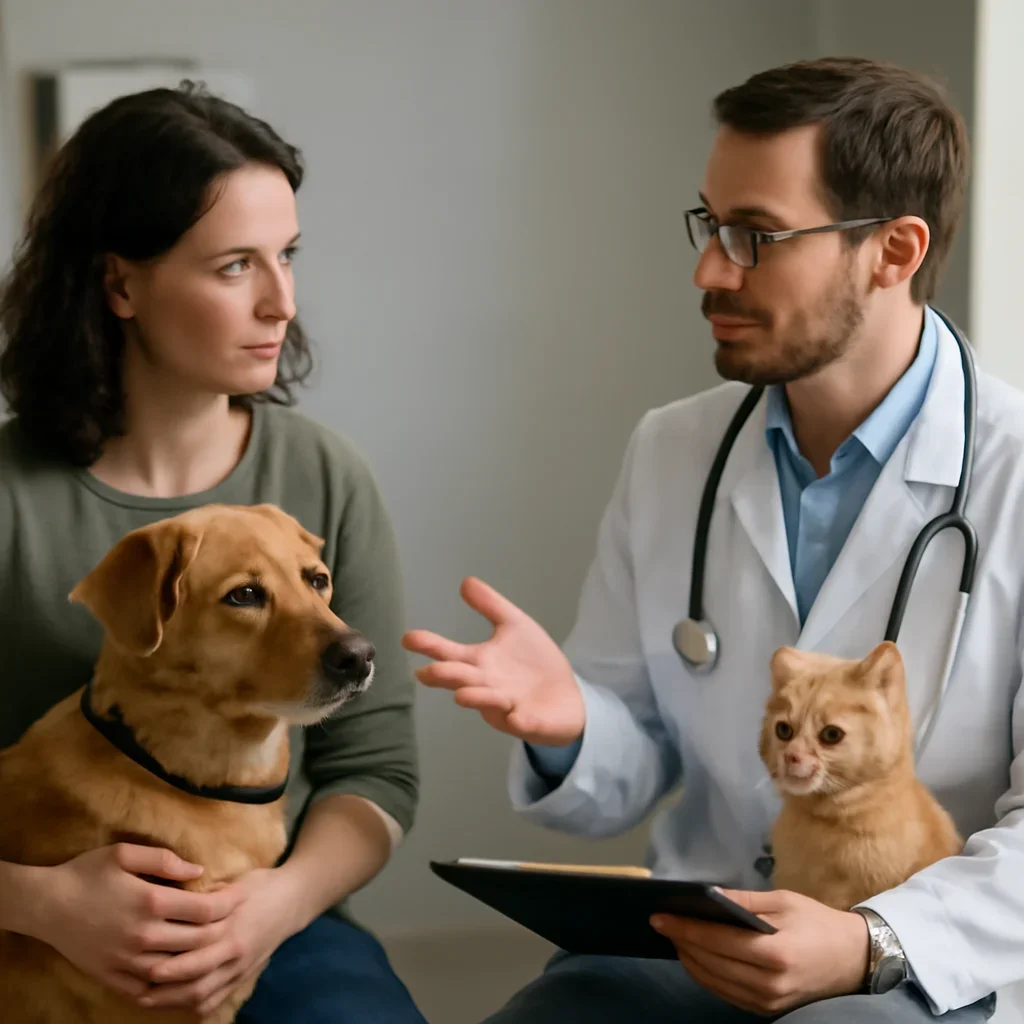 Manitoba pet owner discussing insurance and veterinary costs with a veterinarian