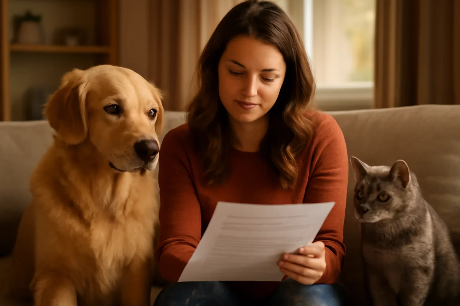 Manitoba pet owner comparing insurance options for a dog and cat at home