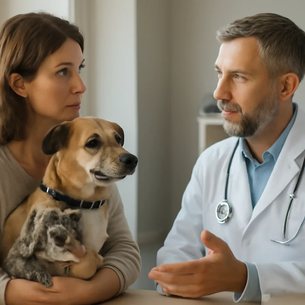 Montréal pet owner discussing insurance and veterinary costs with a veterinarian