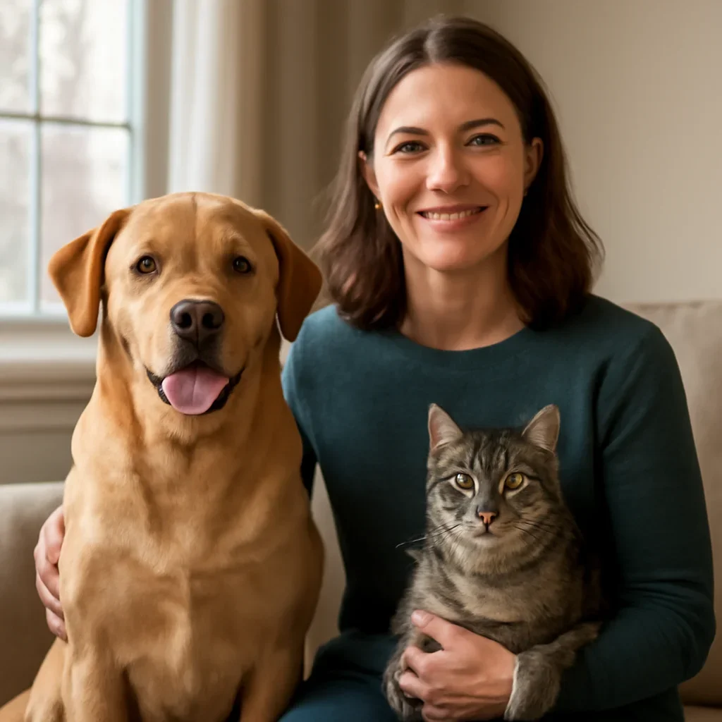 New Brunswick pet owner confidently reviewing pet insurance choices with a dog and cat