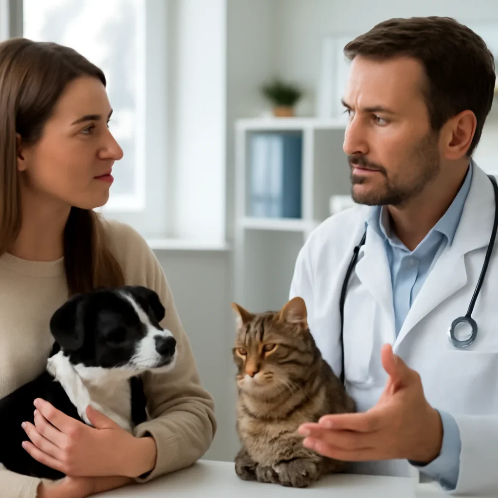 New Brunswick pet owner discussing insurance and veterinary costs with a veterinarian