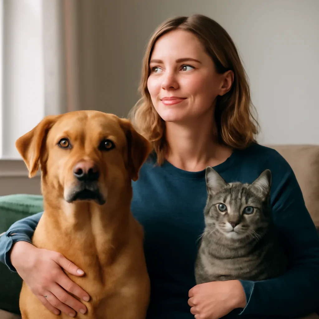 Newfoundland and Labrador pet owner confidently reviewing pet insurance choices with a dog and cat