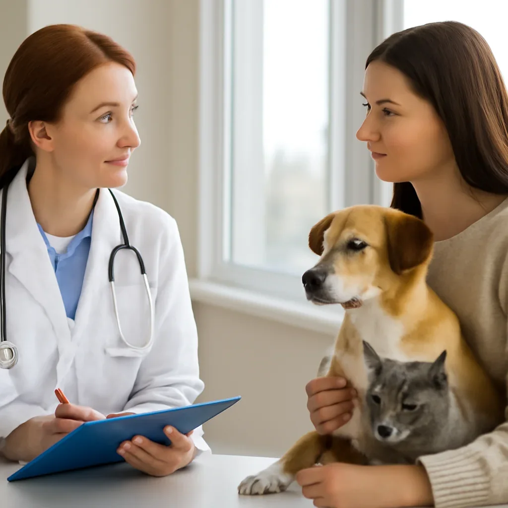 Newfoundland and Labrador pet owner discussing insurance and veterinary costs with a veterinarian