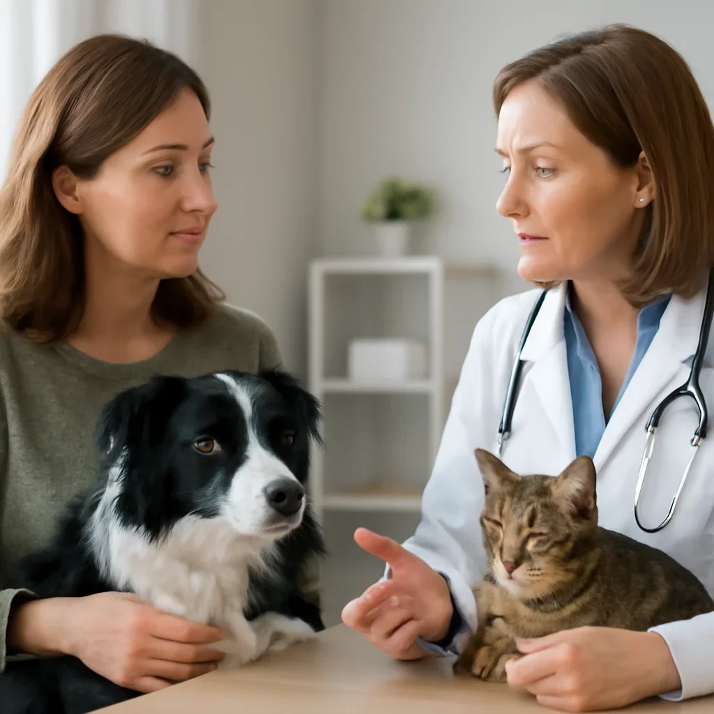 Nova Scotia pet owner discussing insurance and veterinary costs with a veterinarian