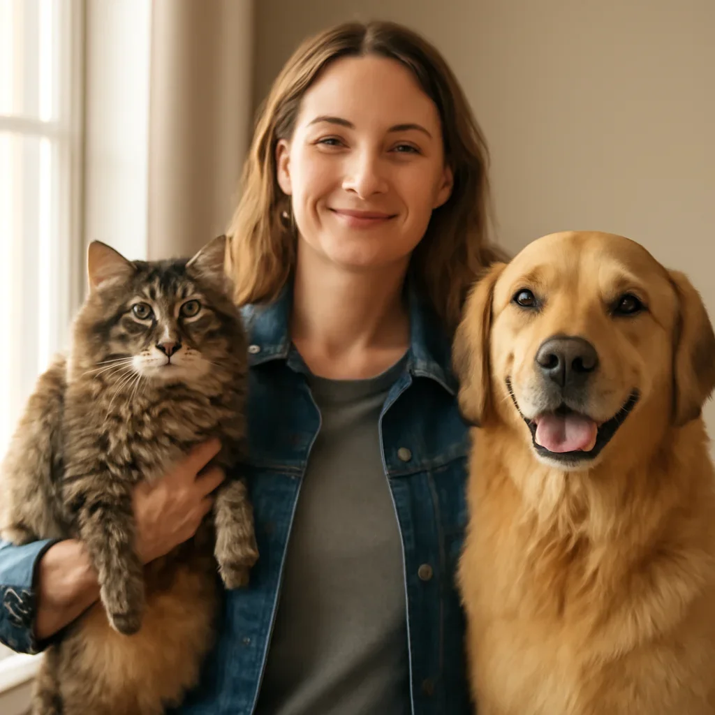 Prince Edward Island pet owner confidently reviewing pet insurance choices with a dog and cat