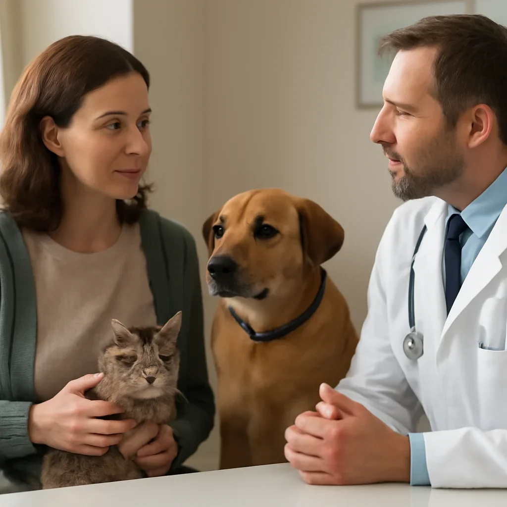 Prince Edward Island pet owner discussing insurance and veterinary costs with a veterinarian