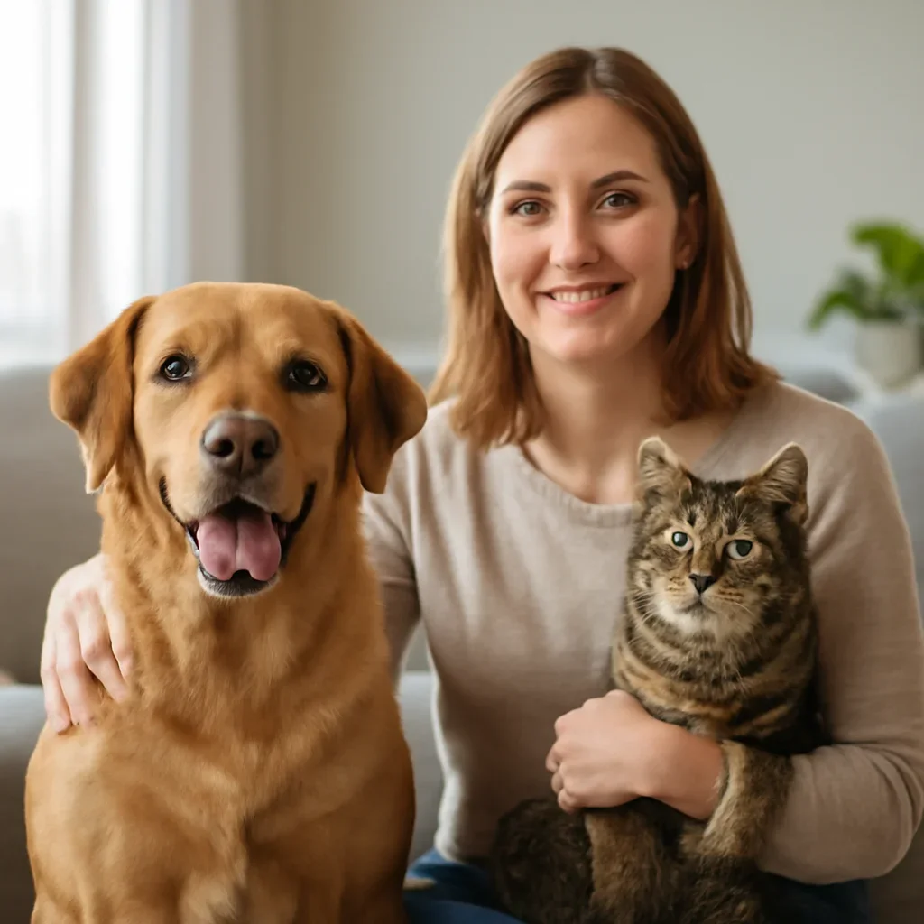 Saskatchewan pet owner confidently reviewing pet insurance choices with a dog and cat