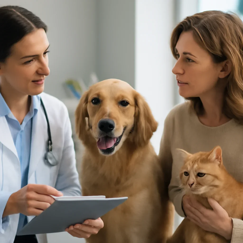 Saskatchewan pet owner discussing insurance and veterinary costs with a veterinarian