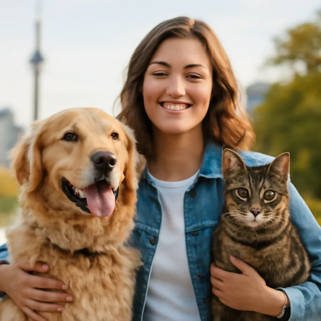 Toronto pet owner confidently reviewing pet insurance choices with a dog and cat