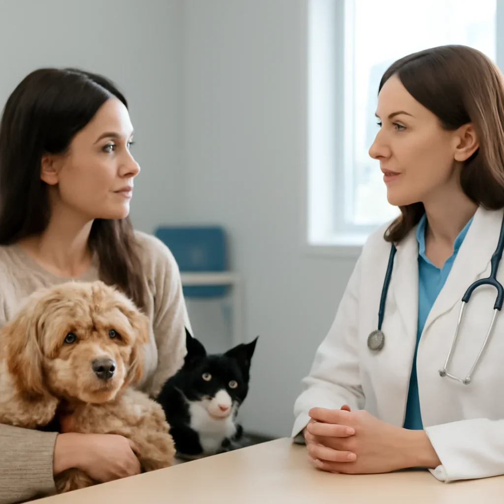 Toronto pet owner discussing insurance and veterinary costs with a veterinarian