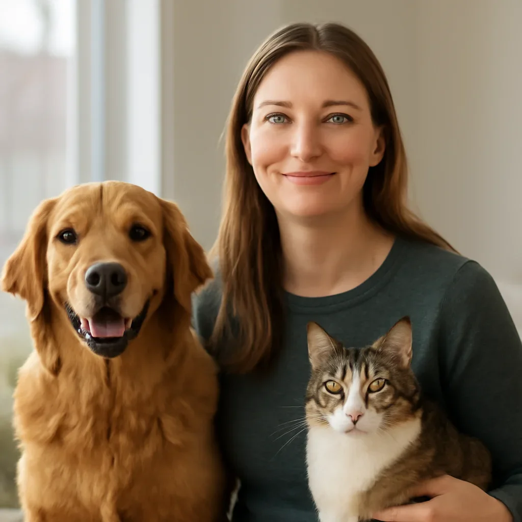 Winnipeg pet owner confidently reviewing pet insurance choices with a dog and cat